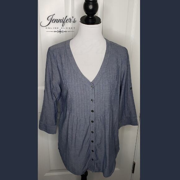 J. Jill Women's Chambray Pleated V-Neck Button Front Blouse/Tunic - Picture 1 of 9